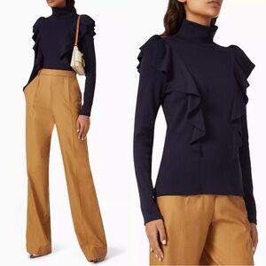 Veronica Beard Jeans Freida Ruffle Turtleneck Top in Navy